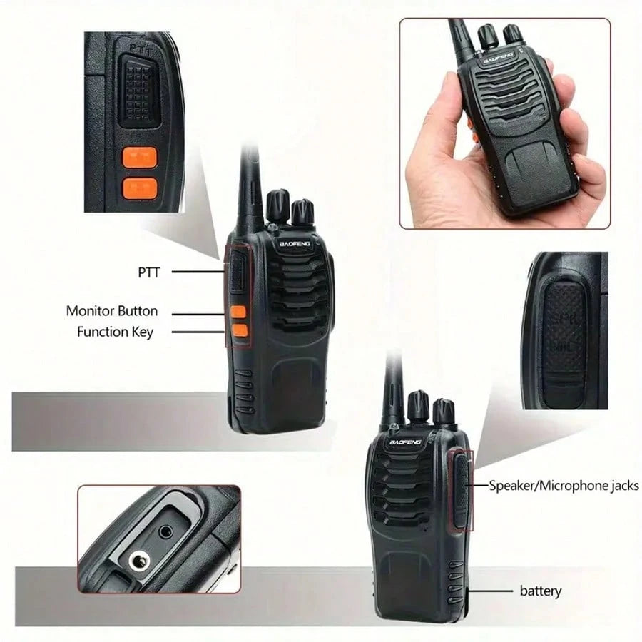 BF888S Rechargeable Long-Range Handheld Walkie Talkie 16Channel Two-Way Radio With Clear Audio Includes Earphone Clip, Lithium Battery & Charger Perfect For Outdoor Adventures Camping, Hiking, Hunting