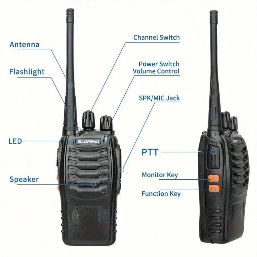 BF888S Rechargeable Long-Range Handheld Walkie Talkie 16Channel Two-Way Radio With Clear Audio Includes Earphone Clip, Lithium Battery & Charger Perfect For Outdoor Adventures Camping, Hiking, Hunting