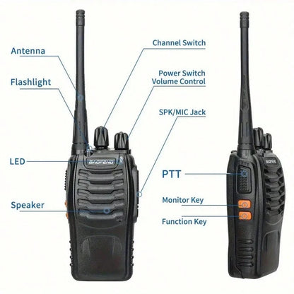 BF888S Rechargeable Long-Range Handheld Walkie Talkie 16Channel Two-Way Radio With Clear Audio Includes Earphone Clip, Lithium Battery & Charger Perfect For Outdoor Adventures Camping, Hiking, Hunting