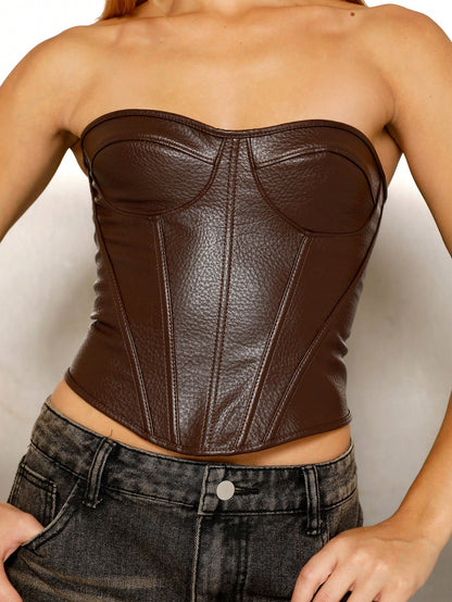BiaLiraa Women's Brown Fashion Sexy Party PU Bandeau Crop Top, Leather Corset, Brown Top, Night Out Top, Club Top, Brown Corset, Party Top, Leather Top, Winter Top, Bandeau Corset