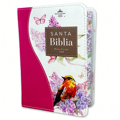 Biblia De Bolsillo RV1960 Imit Piel Con Canto Floral Fucsia Y Pajaro