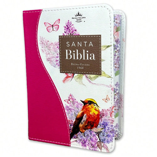 Biblia De Bolsillo RV1960 Imit Piel Con Canto Floral Fucsia Y Pajaro