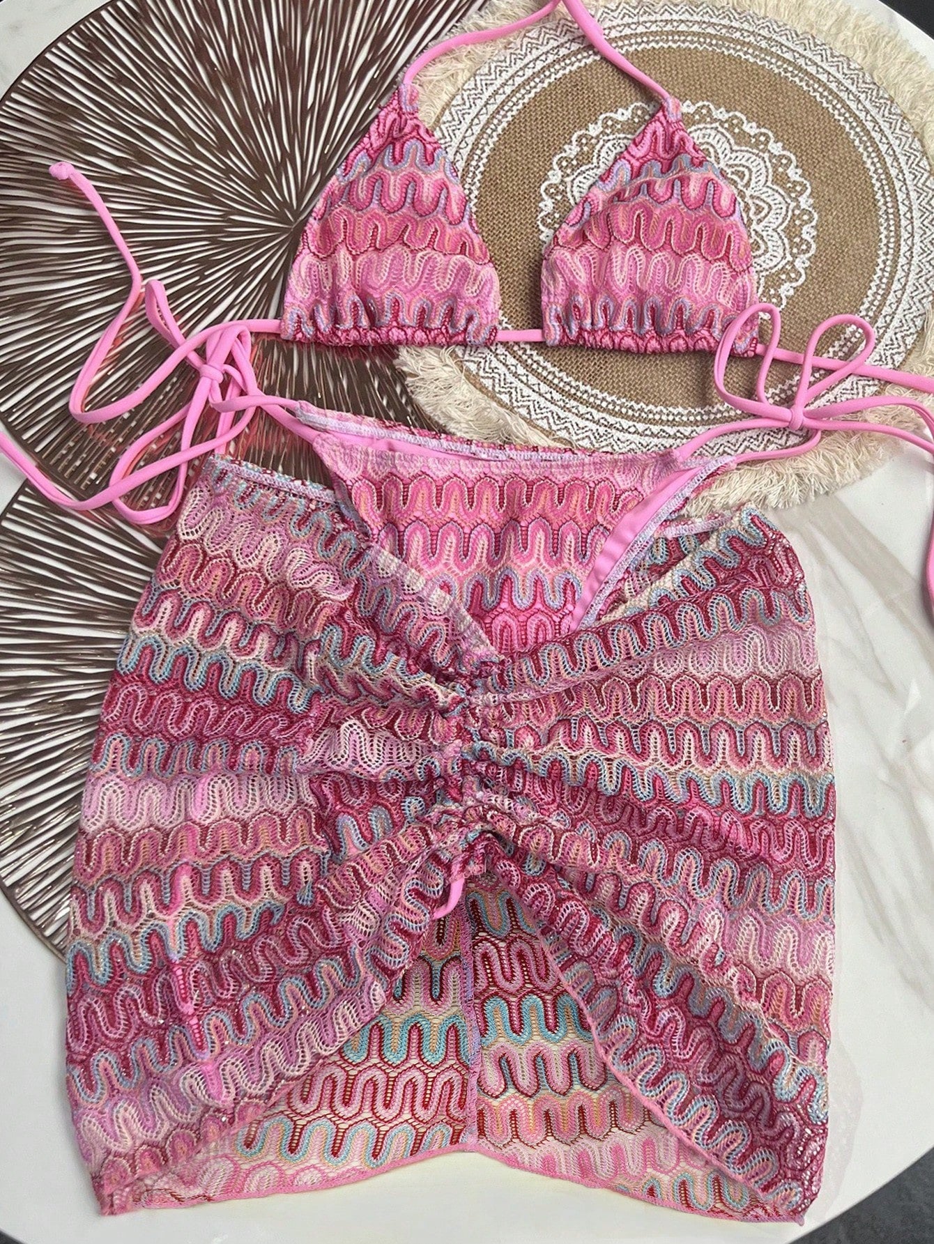 Bikinx Women's Wavy Pattern Backless Sexy Bikini Set With Cover-Up Skirt, Suitable For Summer Beach Vacation Pink, Resort Wear