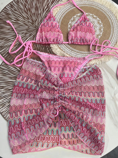 Bikinx Women's Wavy Pattern Backless Sexy Bikini Set With Cover-Up Skirt, Suitable For Summer Beach Vacation Pink, Resort Wear