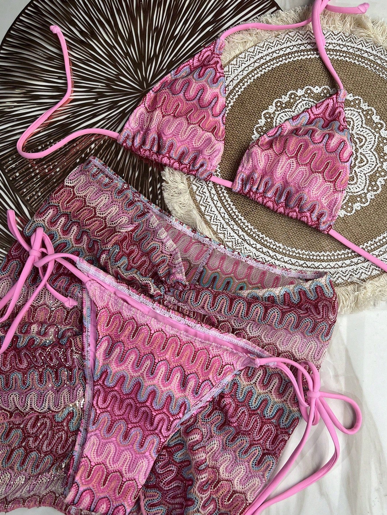 Bikinx Women's Wavy Pattern Backless Sexy Bikini Set With Cover-Up Skirt, Suitable For Summer Beach Vacation Pink, Resort Wear