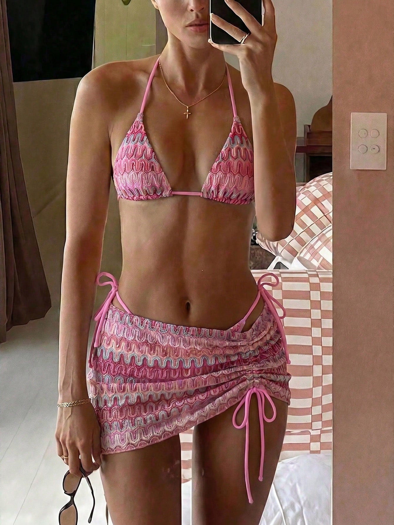 Bikinx Women's Wavy Pattern Backless Sexy Bikini Set With Cover-Up Skirt, Suitable For Summer Beach Vacation Pink, Resort Wear