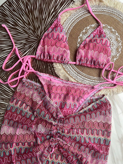 Bikinx Women's Wavy Pattern Backless Sexy Bikini Set With Cover-Up Skirt, Suitable For Summer Beach Vacation Pink, Resort Wear