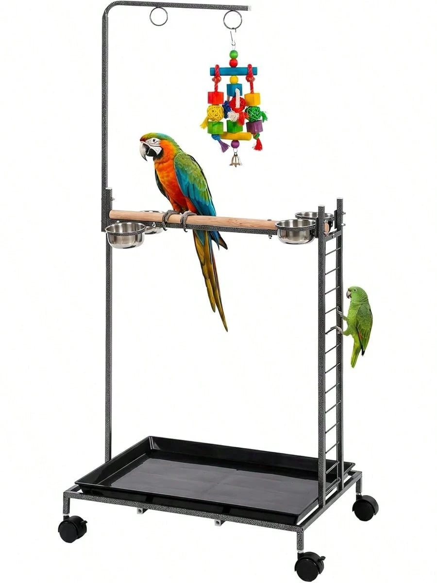 Bird Stand Parrot Stand With Wheels Wooden Perch Ladder Dark Gray| Stainless Steel Bowls, Slide-Out Tray, For Indoor Outdoor Use, For Budgies, Parakeets