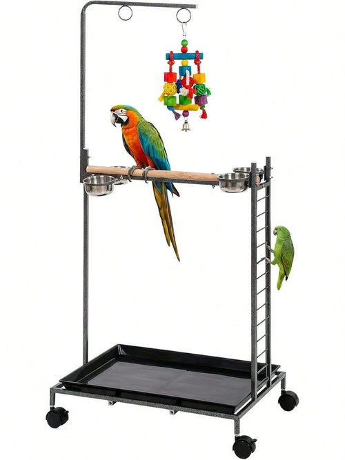 Bird Stand Parrot Stand With Wheels Wooden Perch Ladder Dark Gray| Stainless Steel Bowls, Slide-Out Tray, For Indoor Outdoor Use, For Budgies, Parakeets