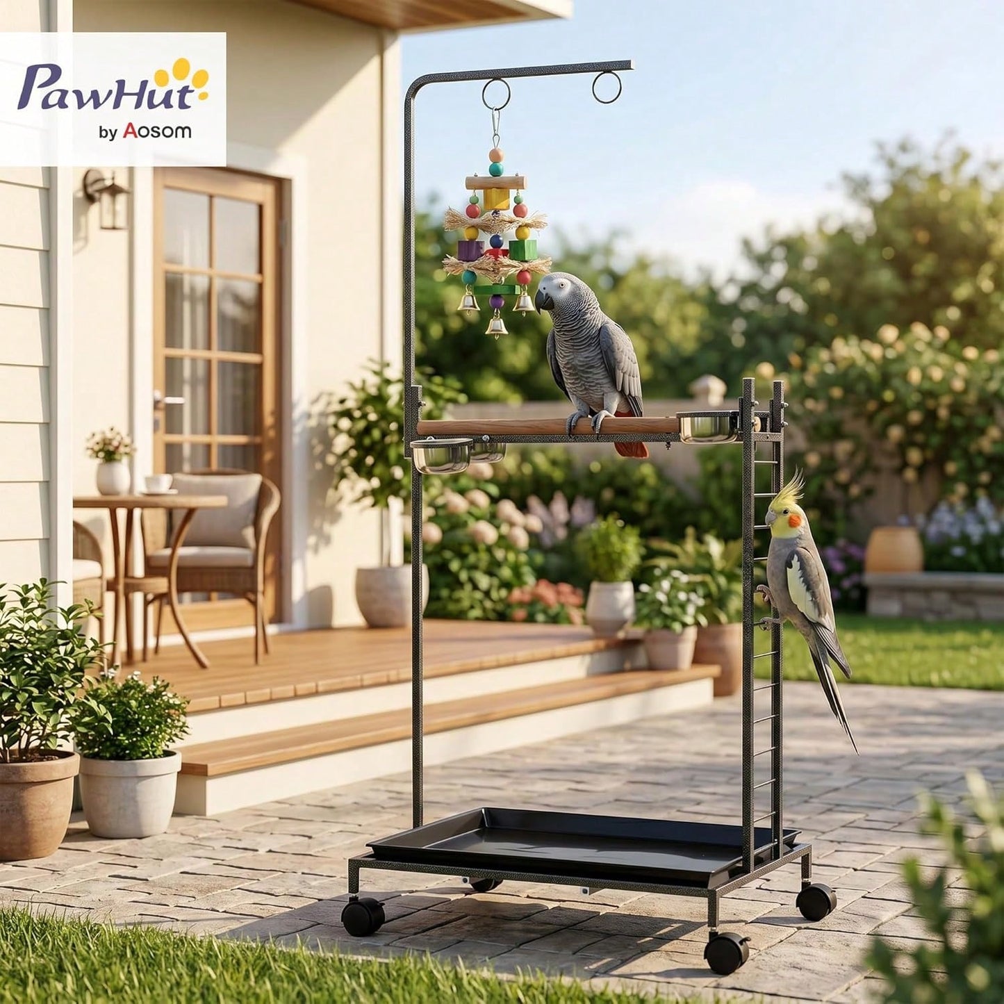 Bird Stand Parrot Stand With Wheels Wooden Perch Ladder Dark Gray| Stainless Steel Bowls, Slide-Out Tray, For Indoor Outdoor Use, For Budgies, Parakeets