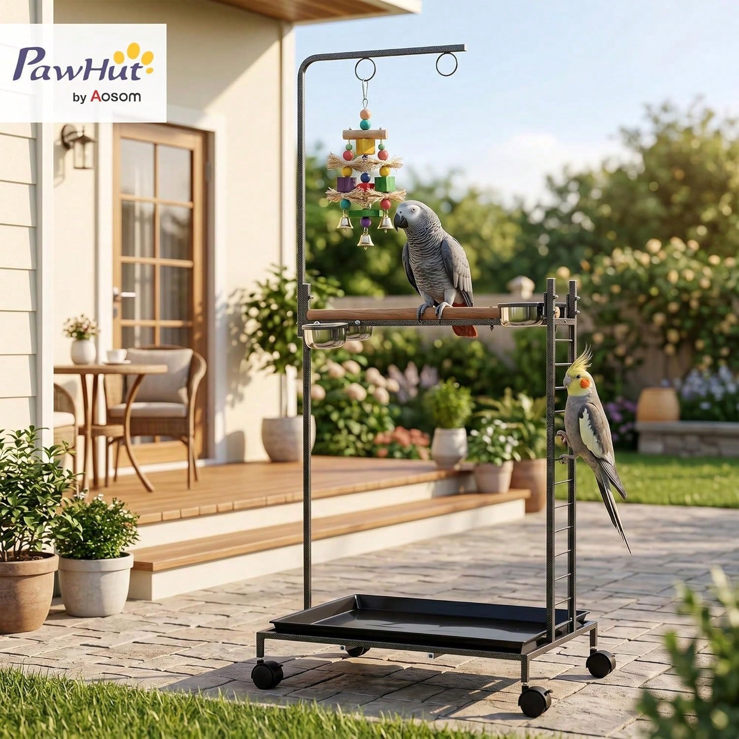 Bird Stand Parrot Stand With Wheels Wooden Perch Ladder Dark Gray| Stainless Steel Bowls, Slide-Out Tray, For Indoor Outdoor Use, For Budgies, Parakeets