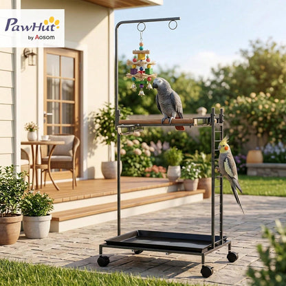 Bird Stand Parrot Stand With Wheels Wooden Perch Ladder Dark Gray| Stainless Steel Bowls, Slide-Out Tray, For Indoor Outdoor Use, For Budgies, Parakeets