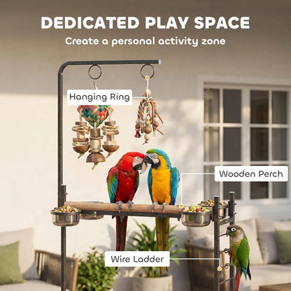 Bird Stand Parrot Stand With Wheels Wooden Perch Ladder Dark Gray| Stainless Steel Bowls, Slide-Out Tray, For Indoor Outdoor Use, For Budgies, Parakeets