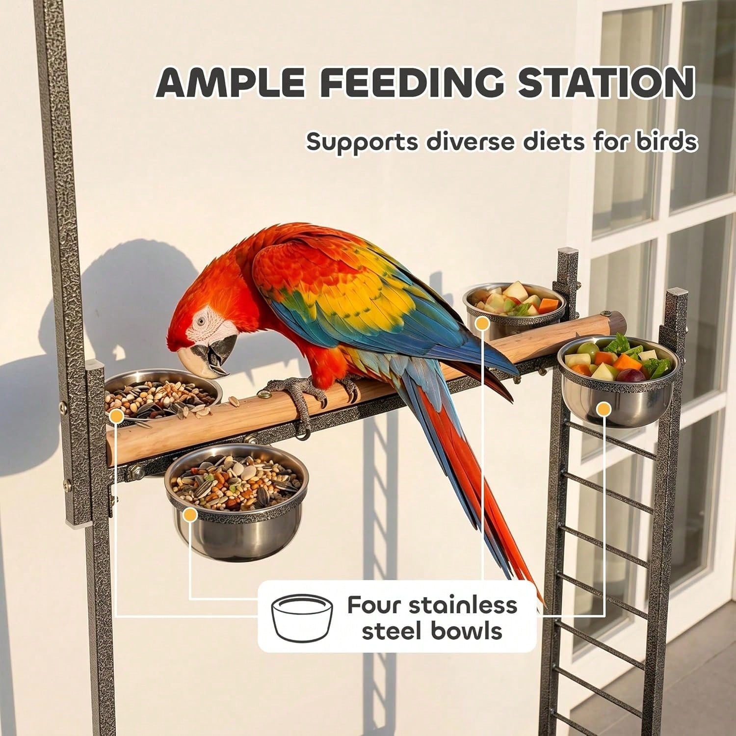 Bird Stand Parrot Stand With Wheels Wooden Perch Ladder Dark Gray| Stainless Steel Bowls, Slide-Out Tray, For Indoor Outdoor Use, For Budgies, Parakeets