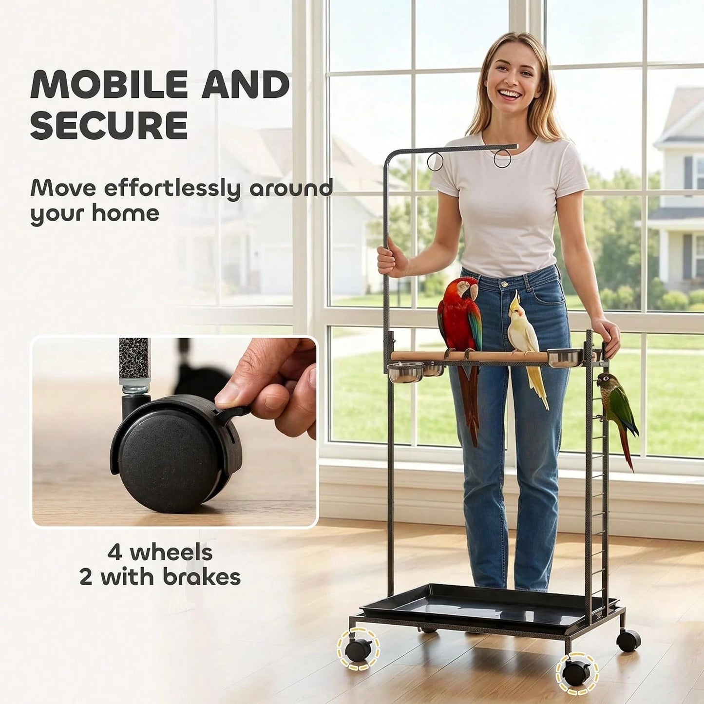 Bird Stand Parrot Stand With Wheels Wooden Perch Ladder Dark Gray| Stainless Steel Bowls, Slide-Out Tray, For Indoor Outdoor Use, For Budgies, Parakeets