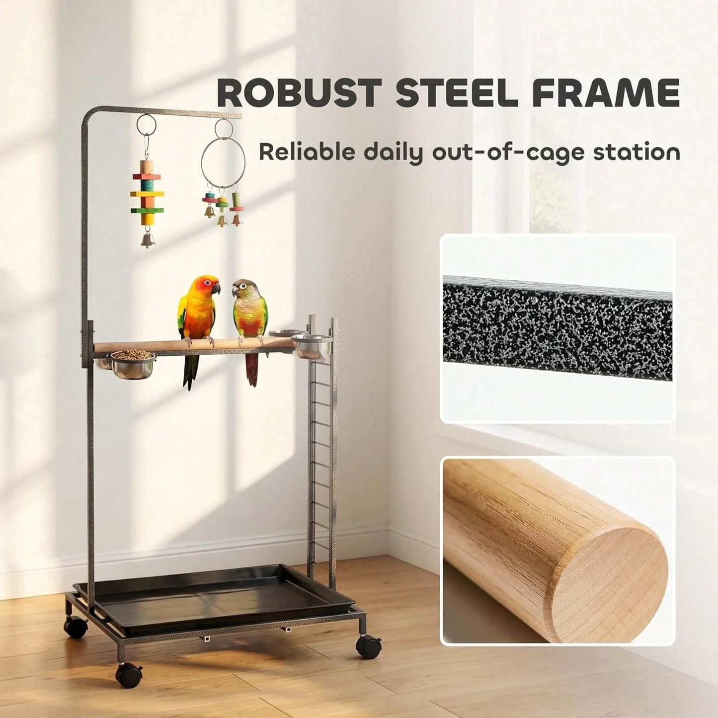 Bird Stand Parrot Stand With Wheels Wooden Perch Ladder Dark Gray| Stainless Steel Bowls, Slide-Out Tray, For Indoor Outdoor Use, For Budgies, Parakeets