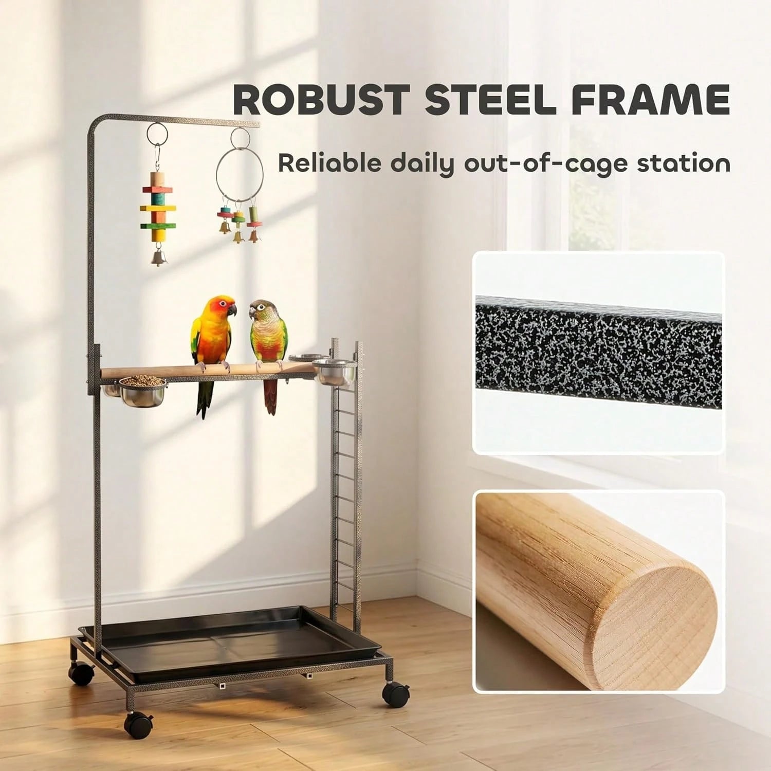 Bird Stand Parrot Stand With Wheels Wooden Perch Ladder Dark Gray| Stainless Steel Bowls, Slide-Out Tray, For Indoor Outdoor Use, For Budgies, Parakeets