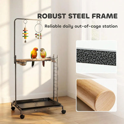 Bird Stand Parrot Stand With Wheels Wooden Perch Ladder Dark Gray| Stainless Steel Bowls, Slide-Out Tray, For Indoor Outdoor Use, For Budgies, Parakeets