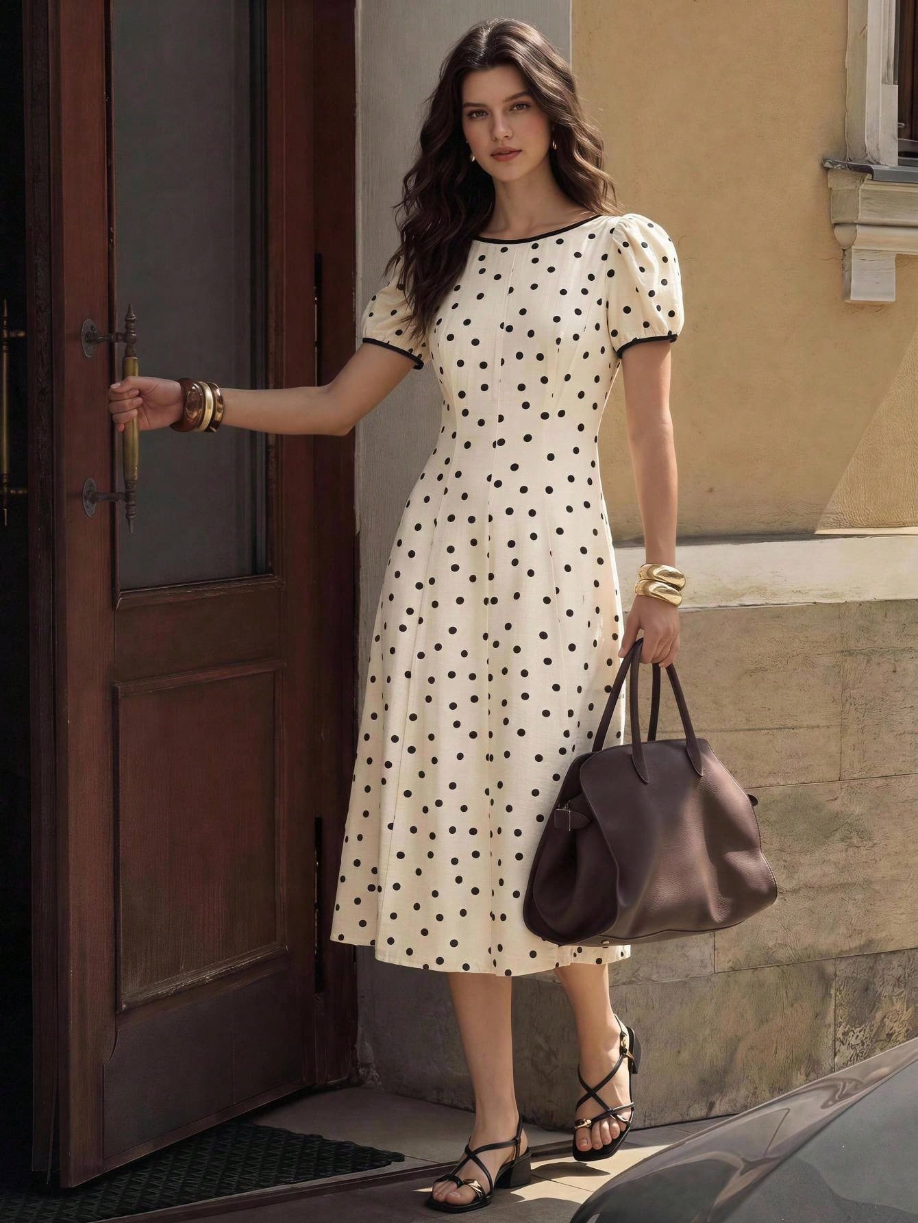 BizChic Waist-Cinching Puff Sleeve A-Line Polka Dot Dress, Elegant Sexy French Vintage Vacation Style, Country Style, Date, Daily, Vacation, Halloween, Back To School, Party, Birthday, Wedding Guest