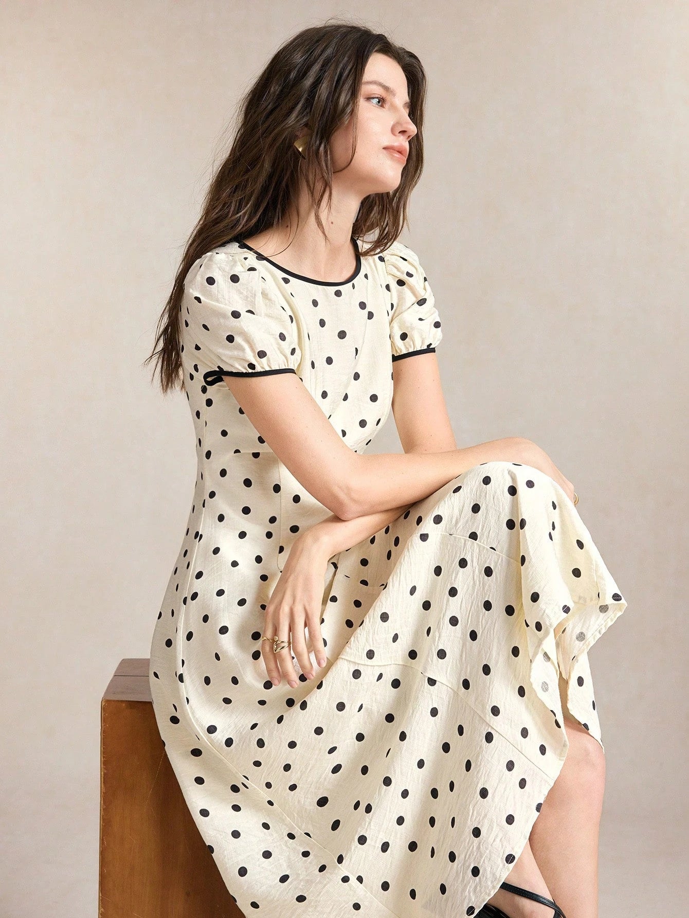 BizChic Waist-Cinching Puff Sleeve A-Line Polka Dot Dress, Elegant Sexy French Vintage Vacation Style, Country Style, Date, Daily, Vacation, Halloween, Back To School, Party, Birthday, Wedding Guest