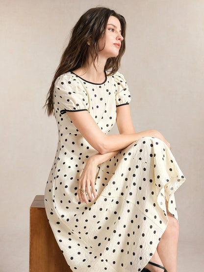 BizChic Waist-Cinching Puff Sleeve A-Line Polka Dot Dress, Elegant Sexy French Vintage Vacation Style, Country Style, Date, Daily, Vacation, Halloween, Back To School, Party, Birthday, Wedding Guest