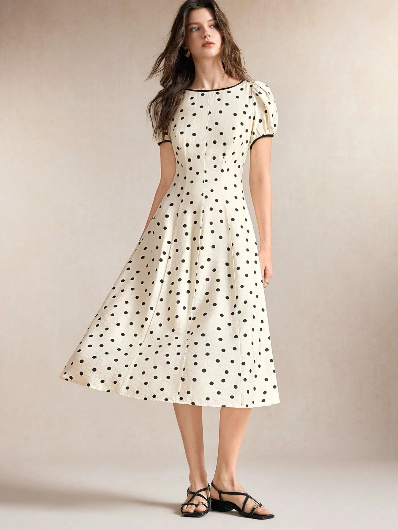 BizChic Waist-Cinching Puff Sleeve A-Line Polka Dot Dress, Elegant Sexy French Vintage Vacation Style, Country Style, Date, Daily, Vacation, Halloween, Back To School, Party, Birthday, Wedding Guest