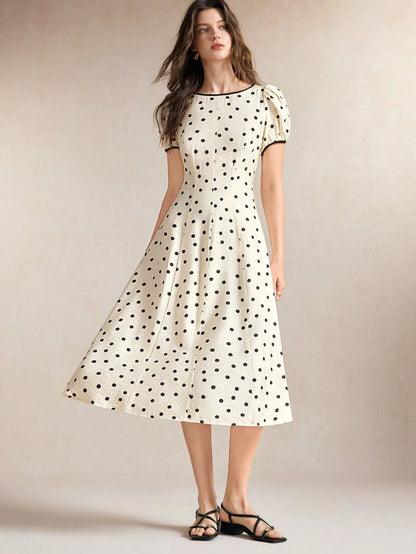 BizChic Waist-Cinching Puff Sleeve A-Line Polka Dot Dress, Elegant Sexy French Vintage Vacation Style, Country Style, Date, Daily, Vacation, Halloween, Back To School, Party, Birthday, Wedding Guest