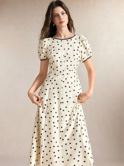 BizChic Waist-Cinching Puff Sleeve A-Line Polka Dot Dress, Elegant Sexy French Vintage Vacation Style, Country Style, Date, Daily, Vacation, Halloween, Back To School, Party, Birthday, Wedding Guest