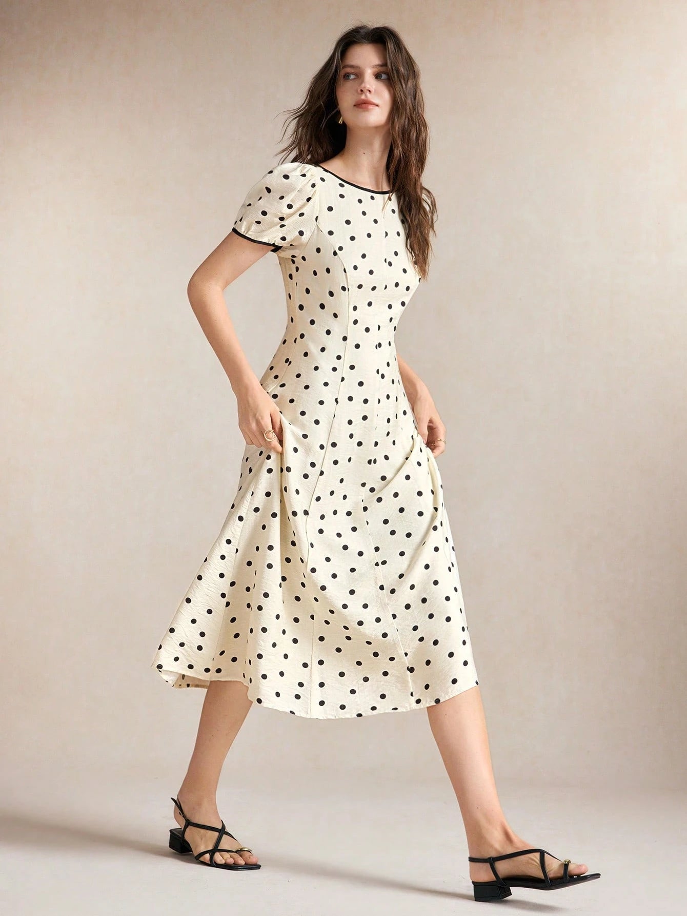 BizChic Waist-Cinching Puff Sleeve A-Line Polka Dot Dress, Elegant Sexy French Vintage Vacation Style, Country Style, Date, Daily, Vacation, Halloween, Back To School, Party, Birthday, Wedding Guest