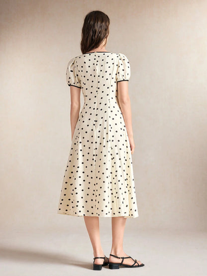 BizChic Waist-Cinching Puff Sleeve A-Line Polka Dot Dress, Elegant Sexy French Vintage Vacation Style, Country Style, Date, Daily, Vacation, Halloween, Back To School, Party, Birthday, Wedding Guest