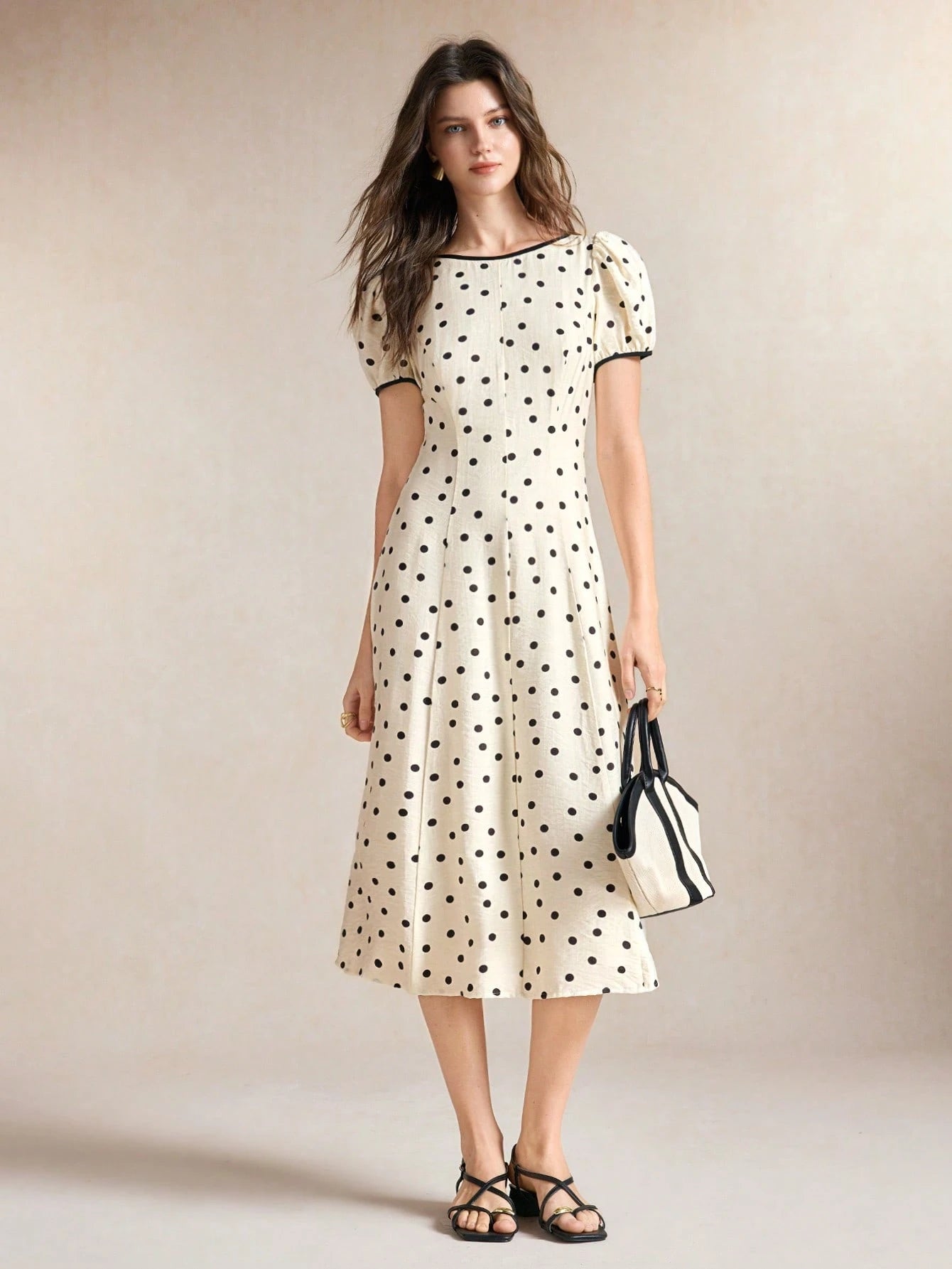 BizChic Waist-Cinching Puff Sleeve A-Line Polka Dot Dress, Elegant Sexy French Vintage Vacation Style, Country Style, Date, Daily, Vacation, Halloween, Back To School, Party, Birthday, Wedding Guest