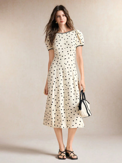 BizChic Waist-Cinching Puff Sleeve A-Line Polka Dot Dress, Elegant Sexy French Vintage Vacation Style, Country Style, Date, Daily, Vacation, Halloween, Back To School, Party, Birthday, Wedding Guest