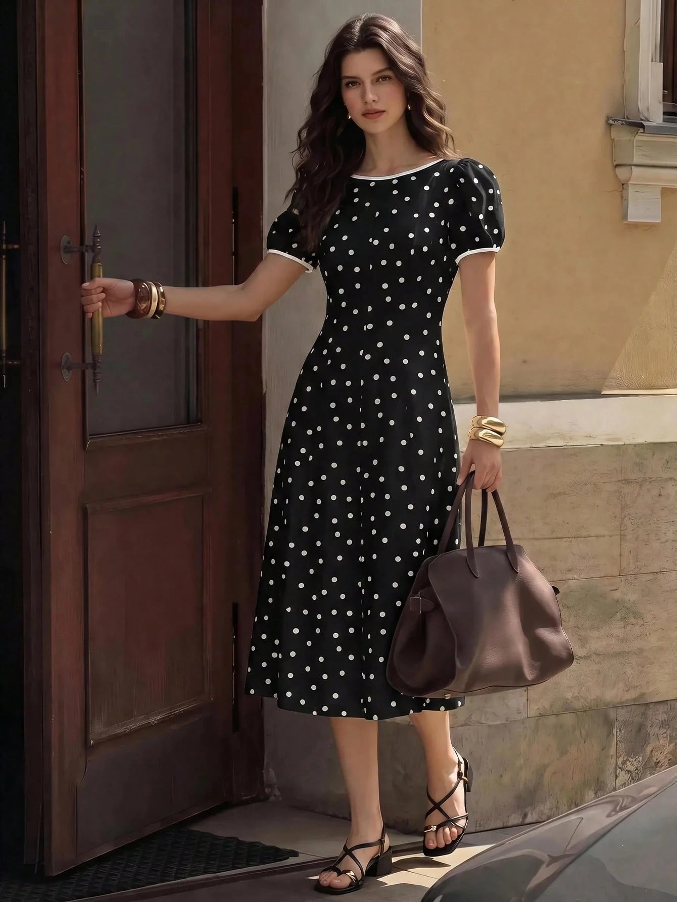 BizChic Waist-Cinching Puff Sleeve A-Line Polka Dot Dress, Elegant Sexy French Vintage Vacation Style, Country Style, Date, Daily, Vacation, Halloween, Back To School, Party, Birthday, Wedding Guest