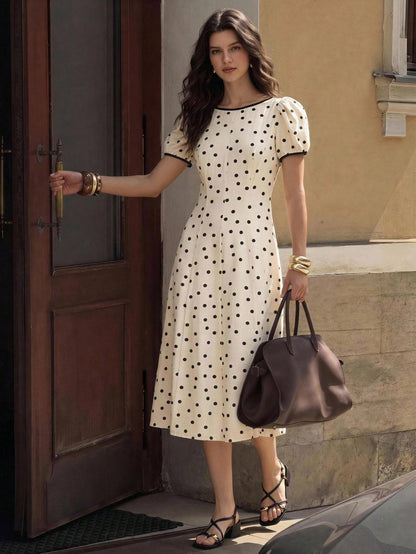 BizChic Waist-Cinching Puff Sleeve A-Line Polka Dot Dress, Elegant Sexy French Vintage Vacation Style, Country Style, Date, Daily, Vacation, Halloween, Back To School, Party, Birthday, Wedding Guest
