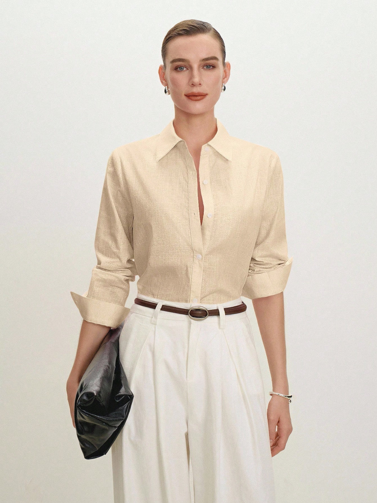 BizChic Women's Solid Color Lapel Front Button-Down Single-Breasted Shirt, Elegant Minimalist Casual Commute Date Daily Vacation Independence Day Graduation Season Music Festival Slimming Elegant Vers