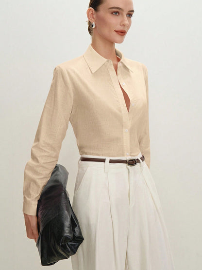 BizChic Women's Solid Color Lapel Front Button-Down Single-Breasted Shirt, Elegant Minimalist Casual Commute Date Daily Vacation Independence Day Graduation Season Music Festival Slimming Elegant Vers