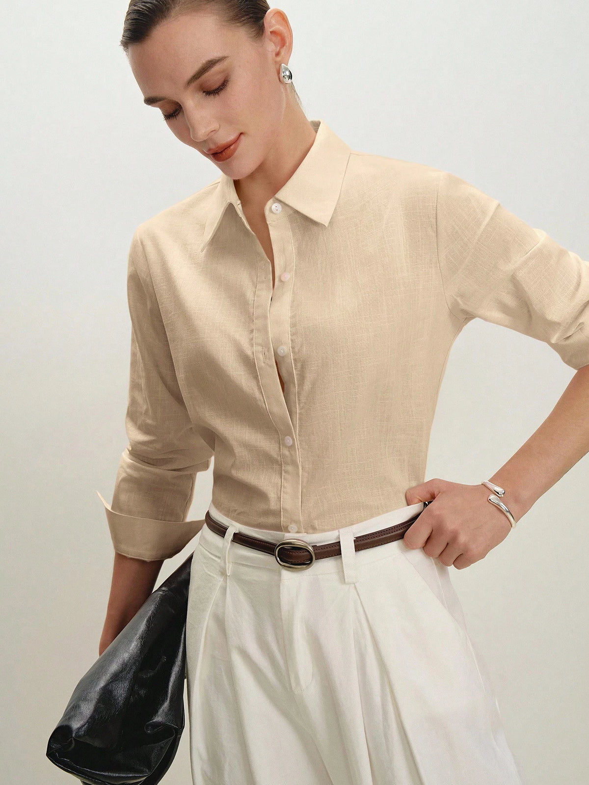 BizChic Women's Solid Color Lapel Front Button-Down Single-Breasted Shirt, Elegant Minimalist Casual Commute Date Daily Vacation Independence Day Graduation Season Music Festival Slimming Elegant Vers