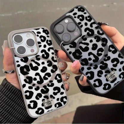 Black And White Leopard Print Magnetic Transparent Printing Mobile Phone Case, Suitable For IPhone17Pro Max 16 15 14 13 12 11 Pro Max Supports Wireless Charging, Using Advanced Acrylic Material, Unise