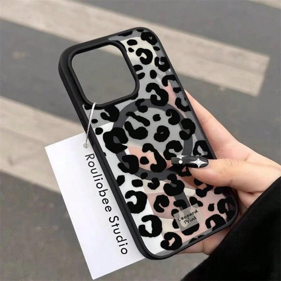 Black And White Leopard Print Magnetic Transparent Printing Mobile Phone Case, Suitable For IPhone17Pro Max 16 15 14 13 12 11 Pro Max Supports Wireless Charging, Using Advanced Acrylic Material, Unise