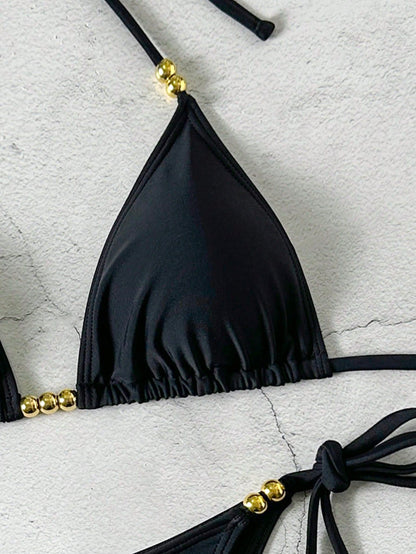 Black Basic Sexy Halter Tie-Up Gold Bead Decor Bikini Set, New Summer Swimwear Vacation Beach, Resort Wear