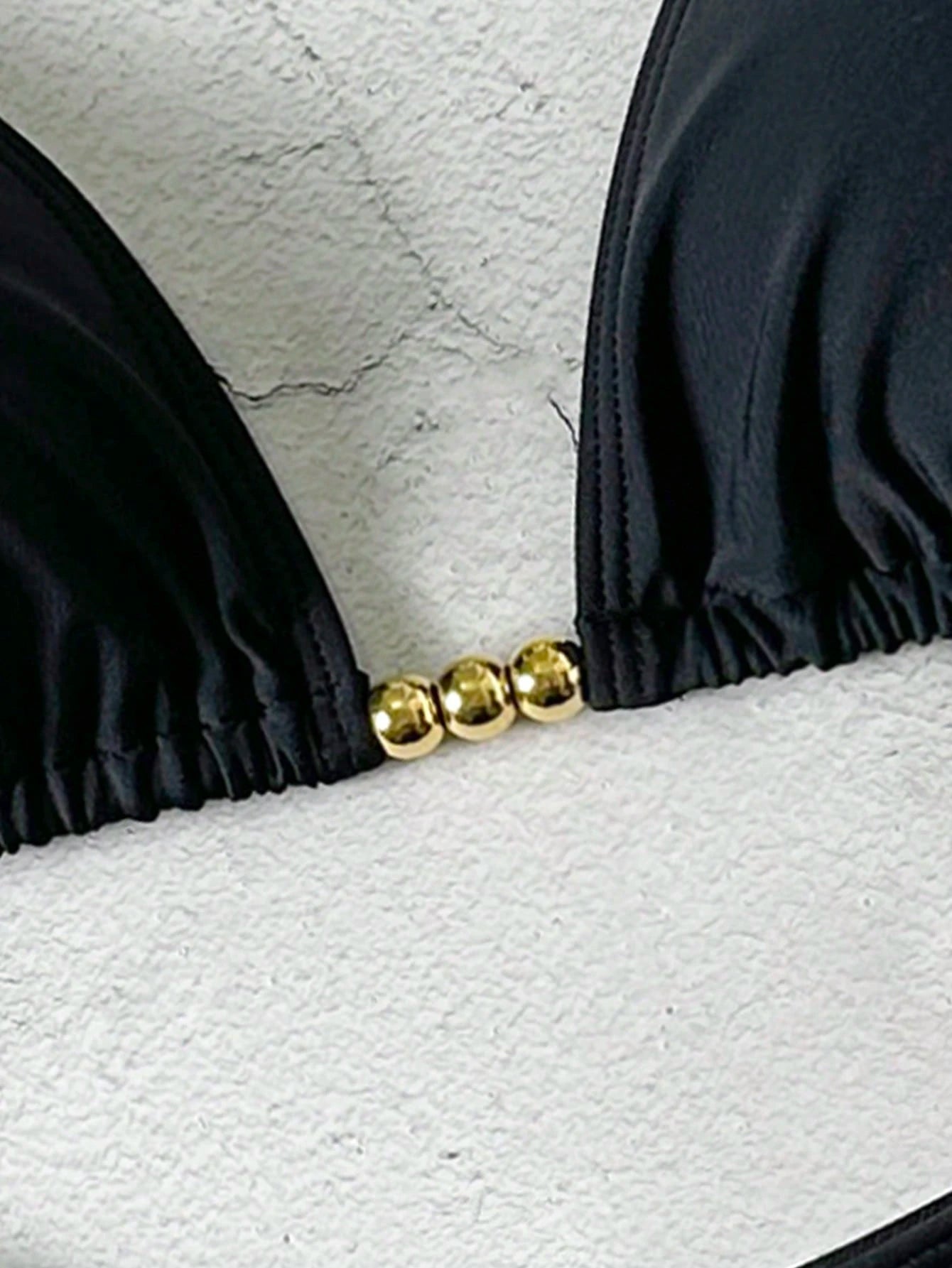 Black Basic Sexy Halter Tie-Up Gold Bead Decor Bikini Set, New Summer Swimwear Vacation Beach, Resort Wear