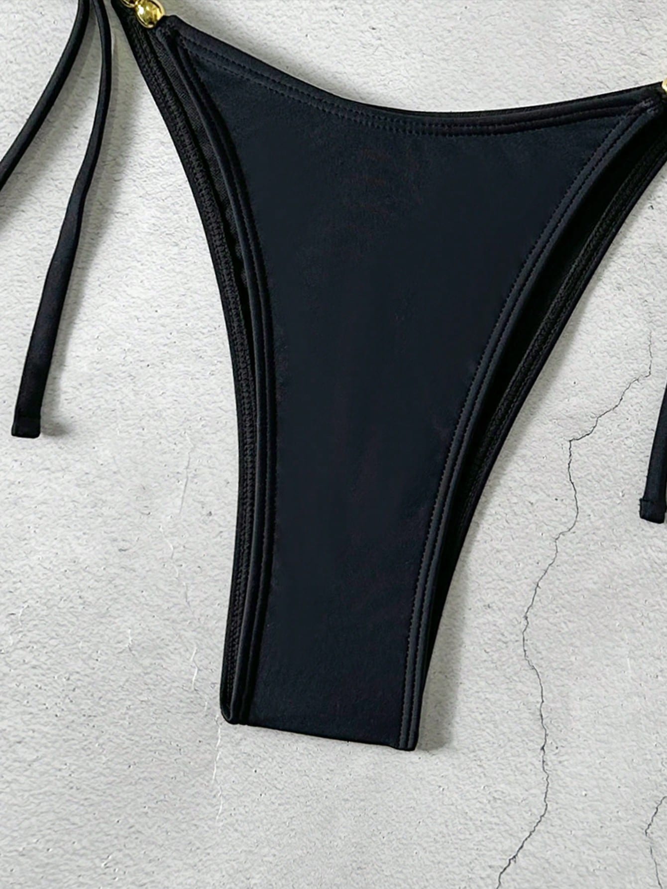 Black Basic Sexy Halter Tie-Up Gold Bead Decor Bikini Set, New Summer Swimwear Vacation Beach, Resort Wear