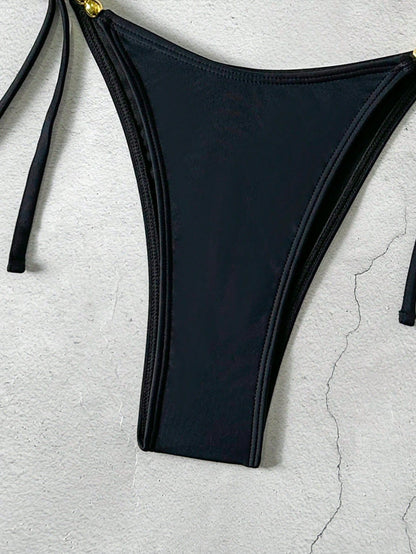 Black Basic Sexy Halter Tie-Up Gold Bead Decor Bikini Set, New Summer Swimwear Vacation Beach, Resort Wear