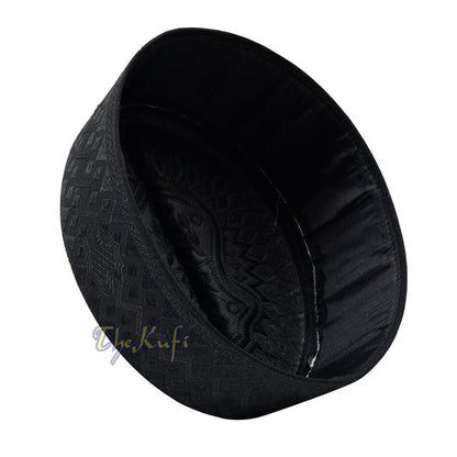 Black & Black Assagofah Embroidered Sandal Diamond Design Creased-Top Oval Nalain Rigid Kufi Hat