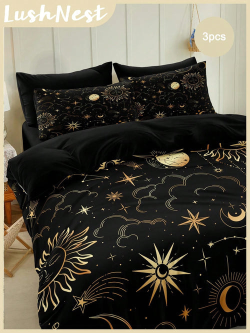 Black & Gold Sun & Moon Bedding Set, Bohemian Style Duvet Cover Set, Gold Moon & Star Print 3 Pieces Set, Room Decor, Bohemian Style Duvet Cover, Soft & Lightweight Microfiber Duvet Cover, Unisex, 2