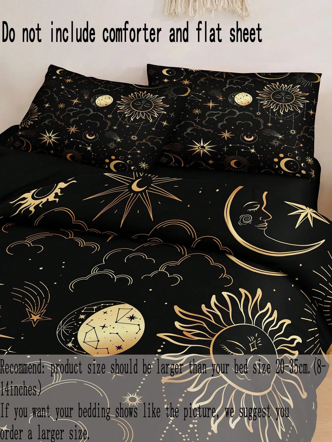 Black & Gold Sun & Moon Bedding Set, Bohemian Style Duvet Cover Set, Gold Moon & Star Print 3 Pieces Set, Room Decor, Bohemian Style Duvet Cover, Soft & Lightweight Microfiber Duvet Cover, Unisex, 2