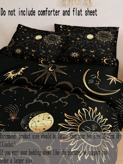 Black & Gold Sun & Moon Bedding Set, Bohemian Style Duvet Cover Set, Gold Moon & Star Print 3 Pieces Set, Room Decor, Bohemian Style Duvet Cover, Soft & Lightweight Microfiber Duvet Cover, Unisex, 2
