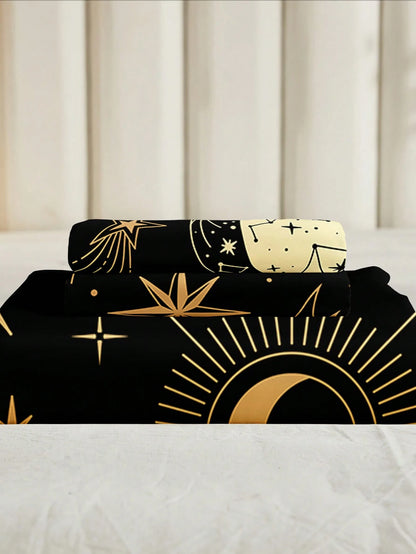 Black & Gold Sun & Moon Bedding Set, Bohemian Style Duvet Cover Set, Gold Moon & Star Print 3 Pieces Set, Room Decor, Bohemian Style Duvet Cover, Soft & Lightweight Microfiber Duvet Cover, Unisex, 2