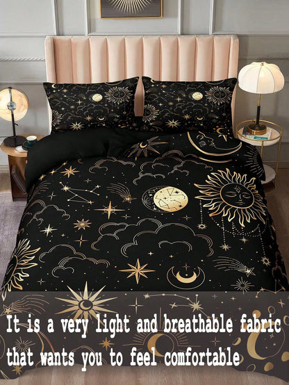 Black & Gold Sun & Moon Bedding Set, Bohemian Style Duvet Cover Set, Gold Moon & Star Print 3 Pieces Set, Room Decor, Bohemian Style Duvet Cover, Soft & Lightweight Microfiber Duvet Cover, Unisex, 2