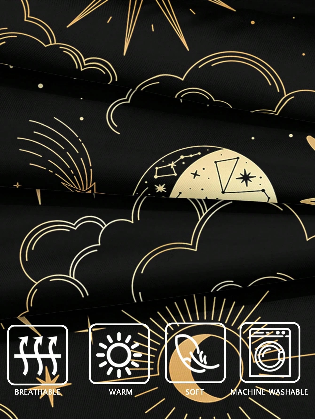 Black & Gold Sun & Moon Bedding Set, Bohemian Style Duvet Cover Set, Gold Moon & Star Print 3 Pieces Set, Room Decor, Bohemian Style Duvet Cover, Soft & Lightweight Microfiber Duvet Cover, Unisex, 2